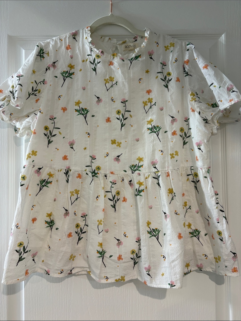 Roolee White Floral Ruffle-Neck Peplum Top with Pink, Yellow and Green Accents